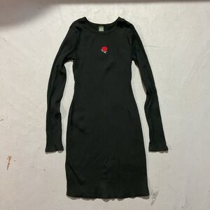 Wild Fable Ribbed Black Dress with Red Rose Detail